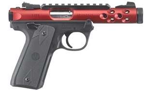 RUGER MKIV 22/45 LITE BLACK / ANNODISED RED – CASED WITH TWO MAGS – PIC RAIL – ADJUSTABLE SIGHTS – THREADED MUZZLE