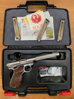 USED (CONSIGNMENT) RUGER MKIV 22LR HUNTER STAINLESS – TARGET GRIPS 174MM W/ 4 MAGS TOTAL IN ORIG. CASE