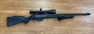 USED TIKKA T3 6.5X55 SWE VARMINT / TARGET – CERAKOTE BLACK W/ LEUPOLD VX-III 6.5-20X50 LR VARM HUNTER RET – MUZZLE BRAKE – HARRIS 9-13 SWIV. BIPOD – 2x MAGAZINES